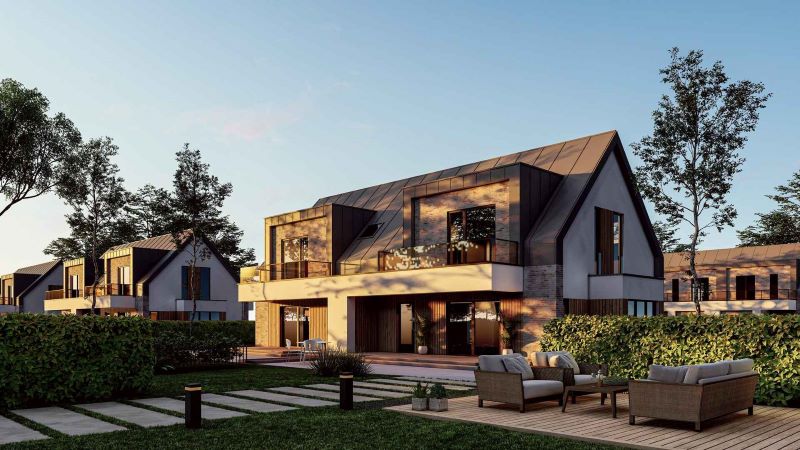Contemporary exterior design of homes with a landscaped garden, outdoor seating, and trees.